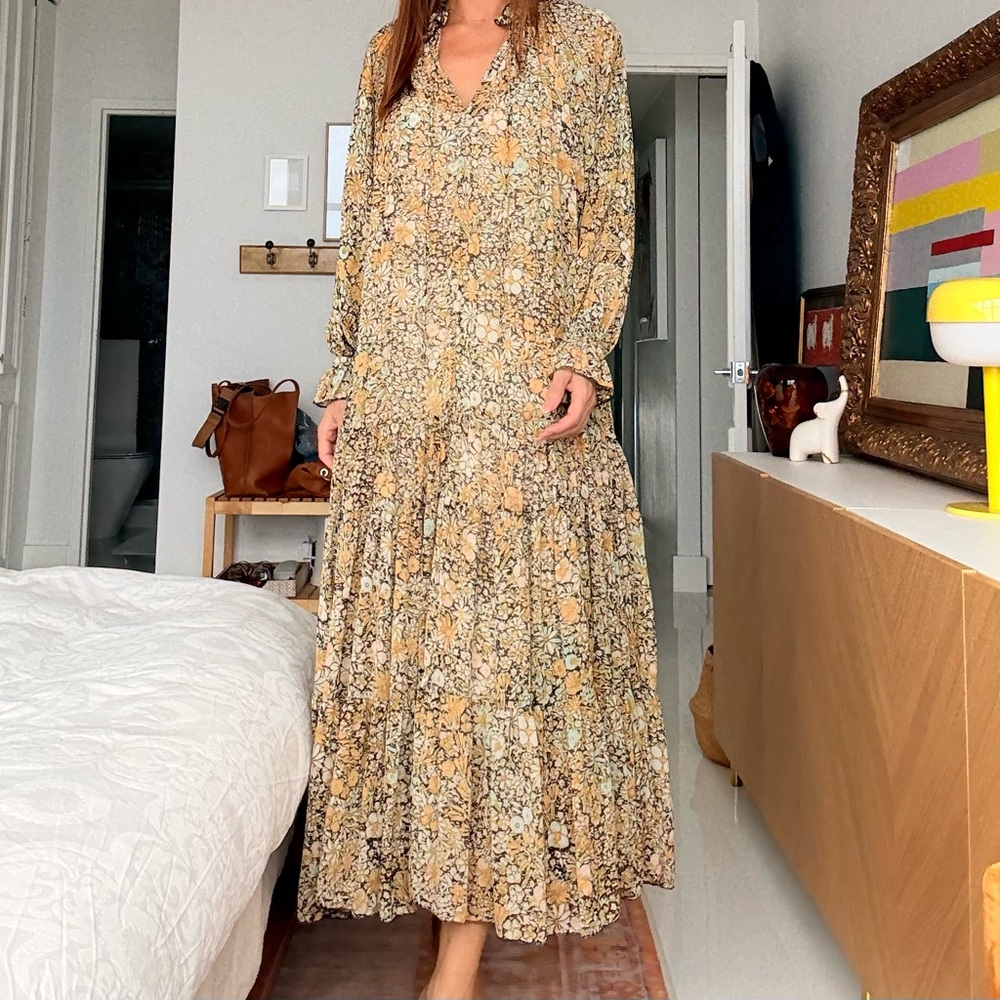 Free People Floral Long Sleeve Dress - Cream and Brown